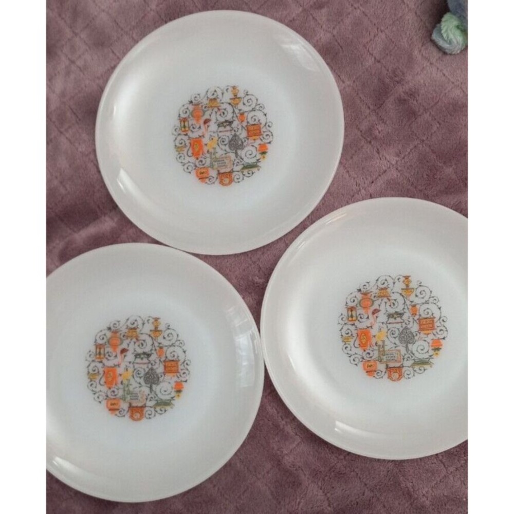 Set Of 3 1970 Anchor Hocking Fire King Homestead 7.25" Milk Glass Salad Plates